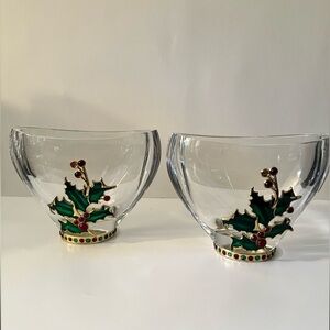 Set of Two Telaflora Bohemian 24% Lead Crystal Holly Berry Vases